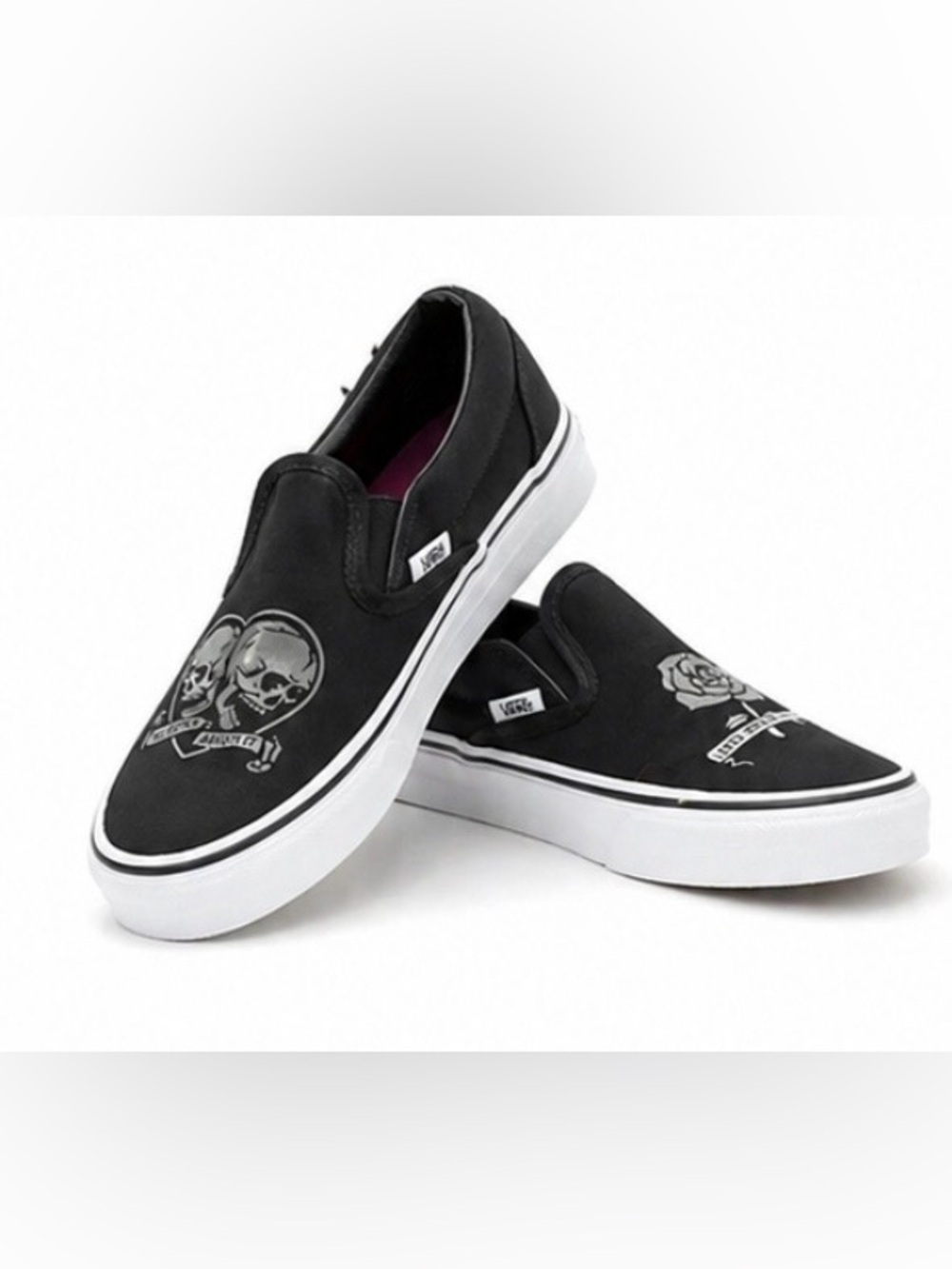 Vans Limited Edition Black Slip-On Sneakers with Skull & Rose Graphics